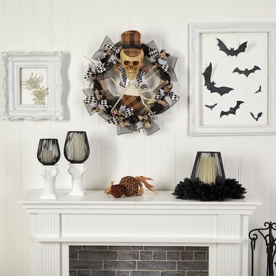 24" Halloween Skull in Plaid Mesh Wreath